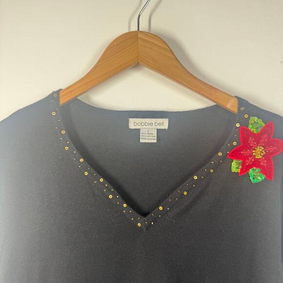 Bobbie Bell Top Size L Black Floral Embroidery Poinsettia Holiday Festive Ramie - Picture 5 of 7